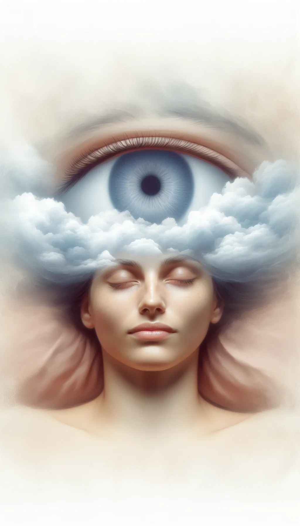 Woman floating among clouds with sky eye