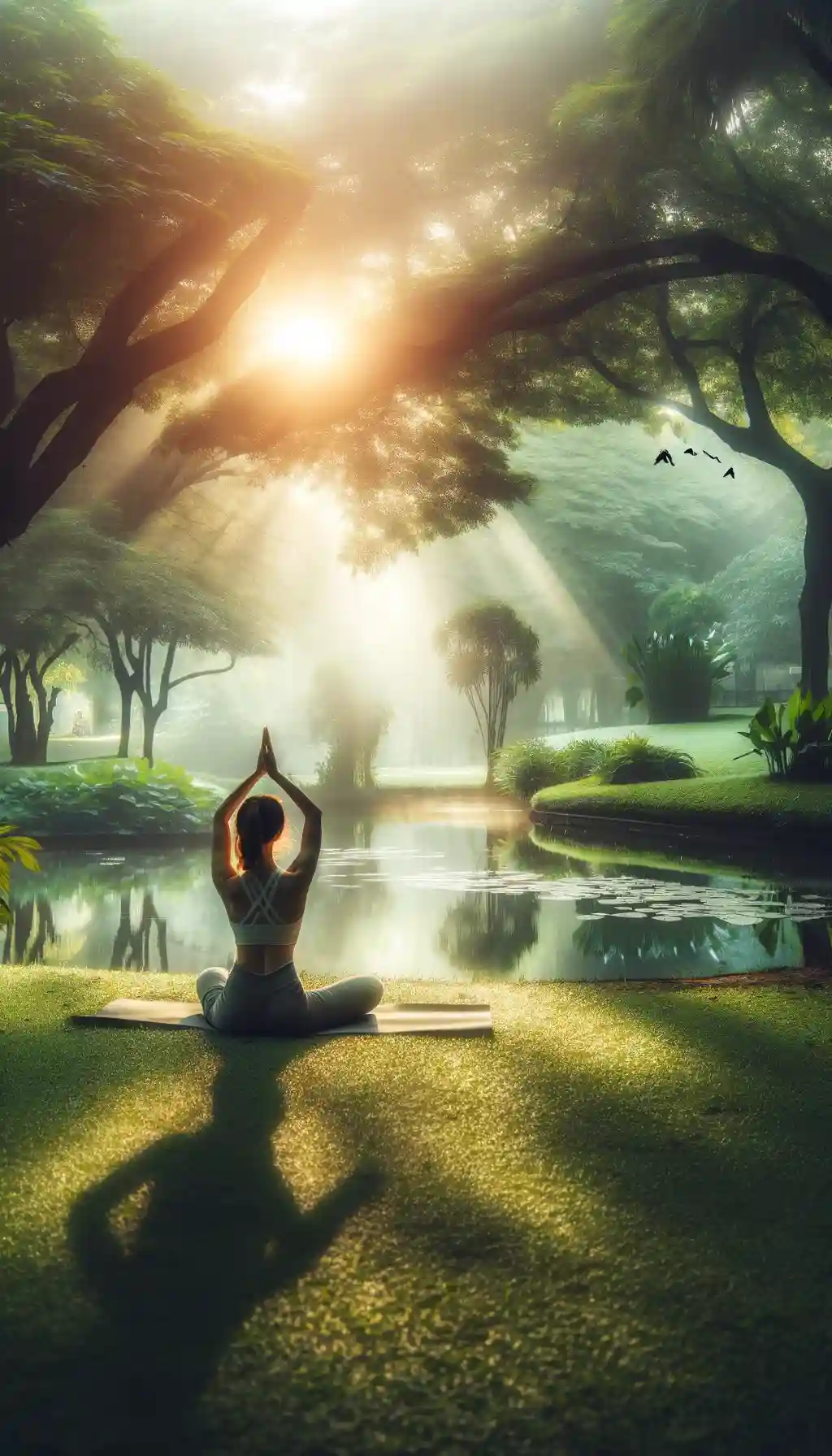 A woman practicing yoga in a serene park at sunrise, surrounded by lush greenery.