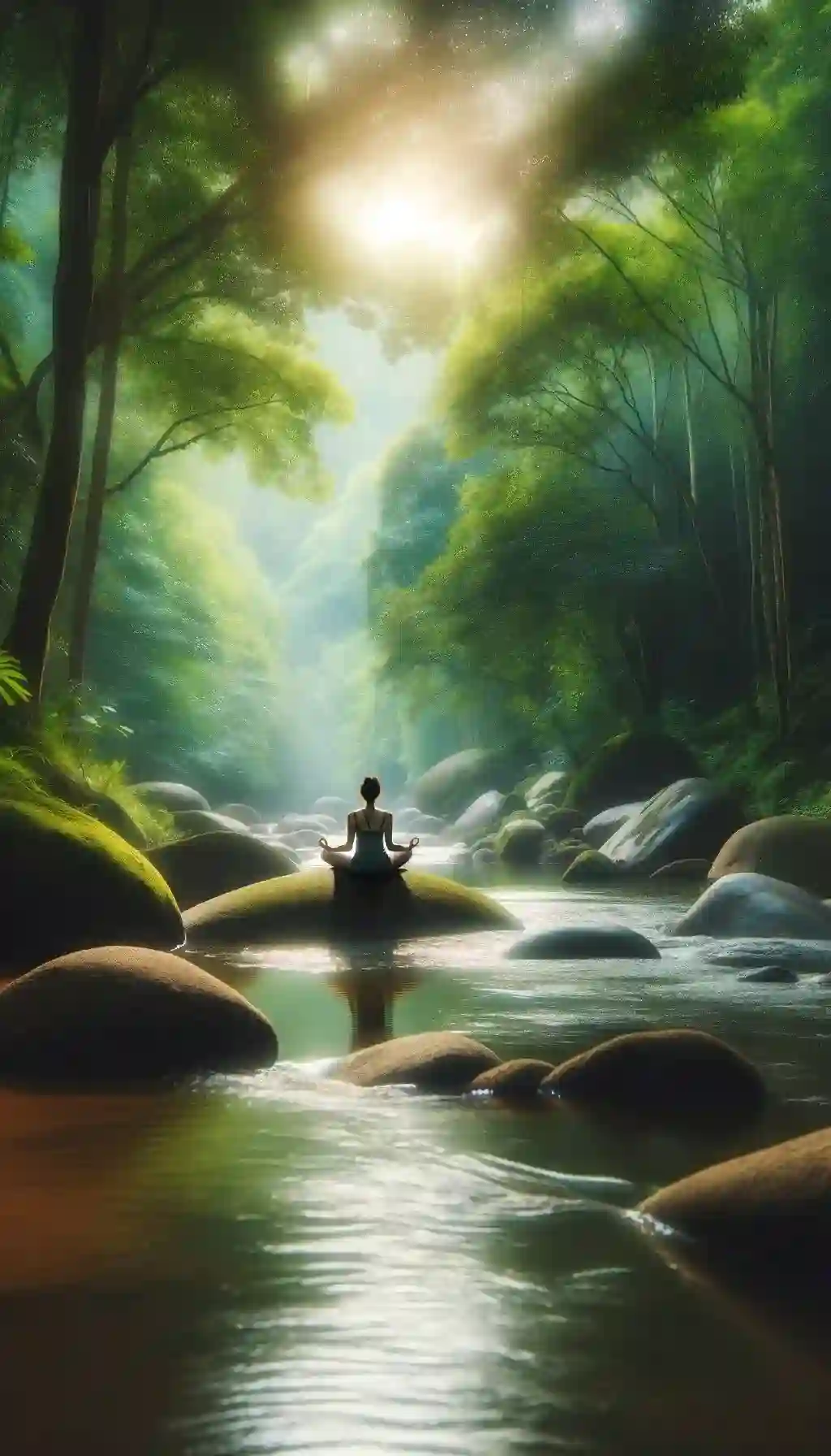 A person meditating on a rock in the middle of a serene river in the forest.
