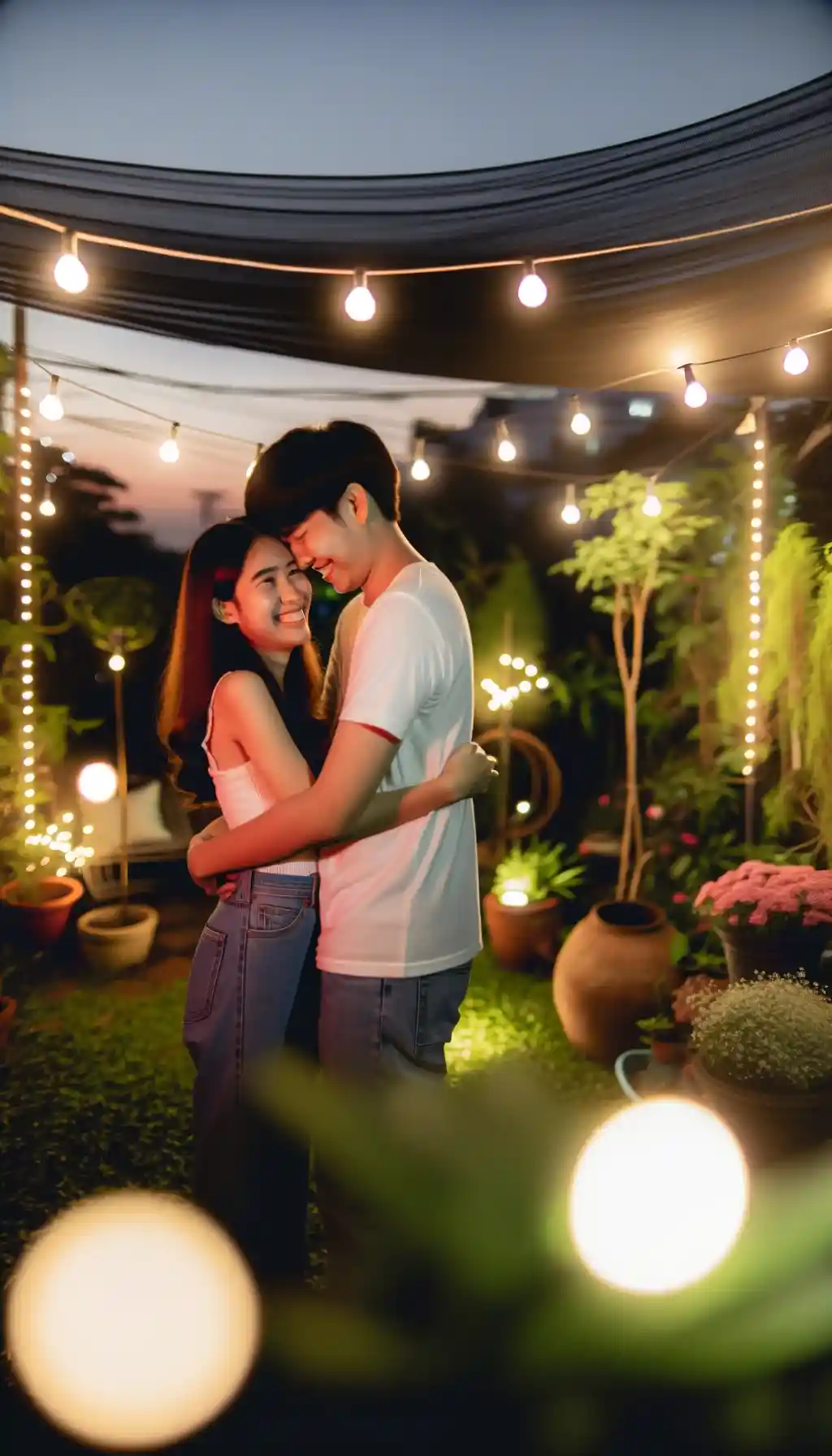 A couple in a loving embrace amidst a garden at night