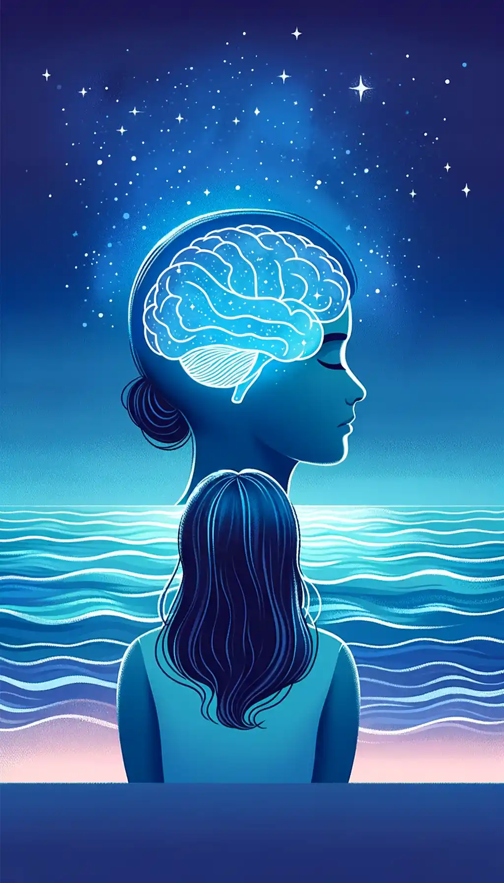 Woman's silhouette with brain constellation and ocean