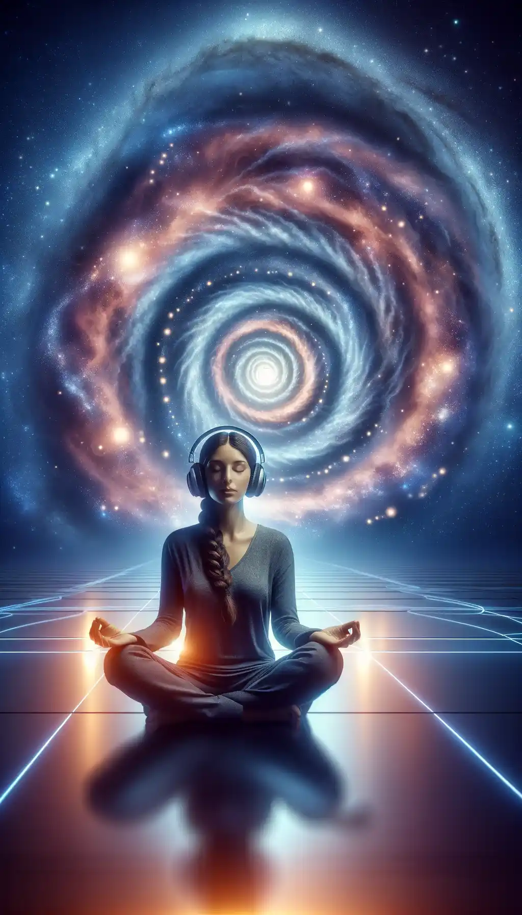 Woman meditating with cosmic spiral