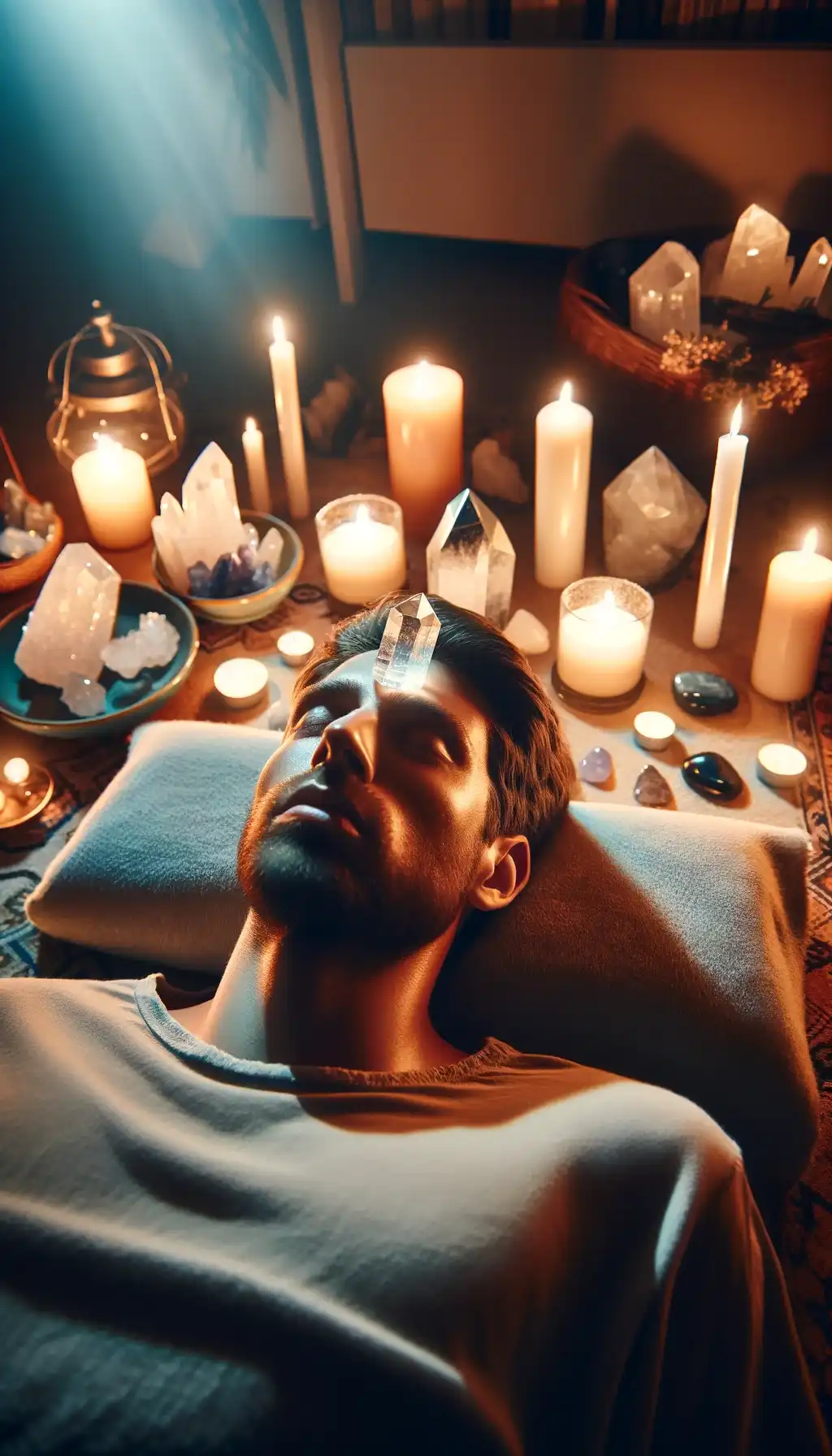 A person experiencing a crystal healing session surrounded by an array of crystals and candles.