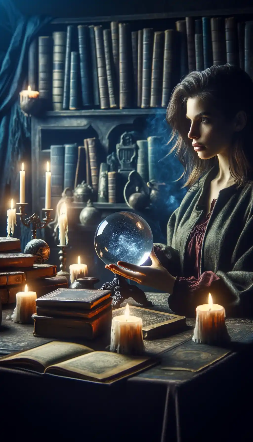 Woman gazing into a crystal ball in a room filled with ancient books and flickering candles.