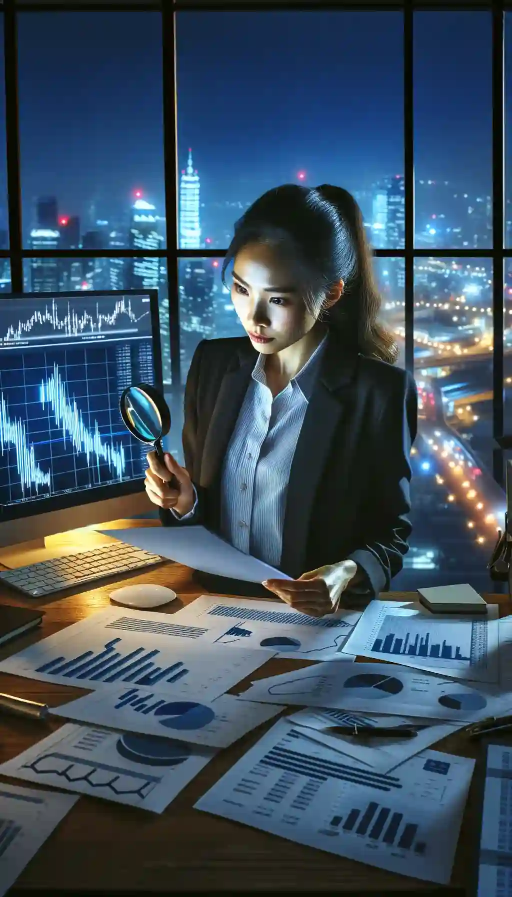 A woman analyzing financial data at night
