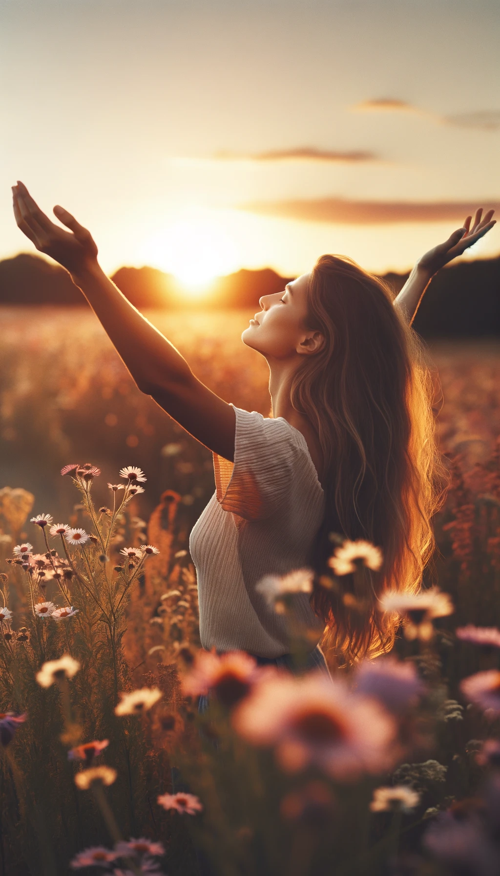 Woman in a field of wildflowers expressing gratitude at sunset.