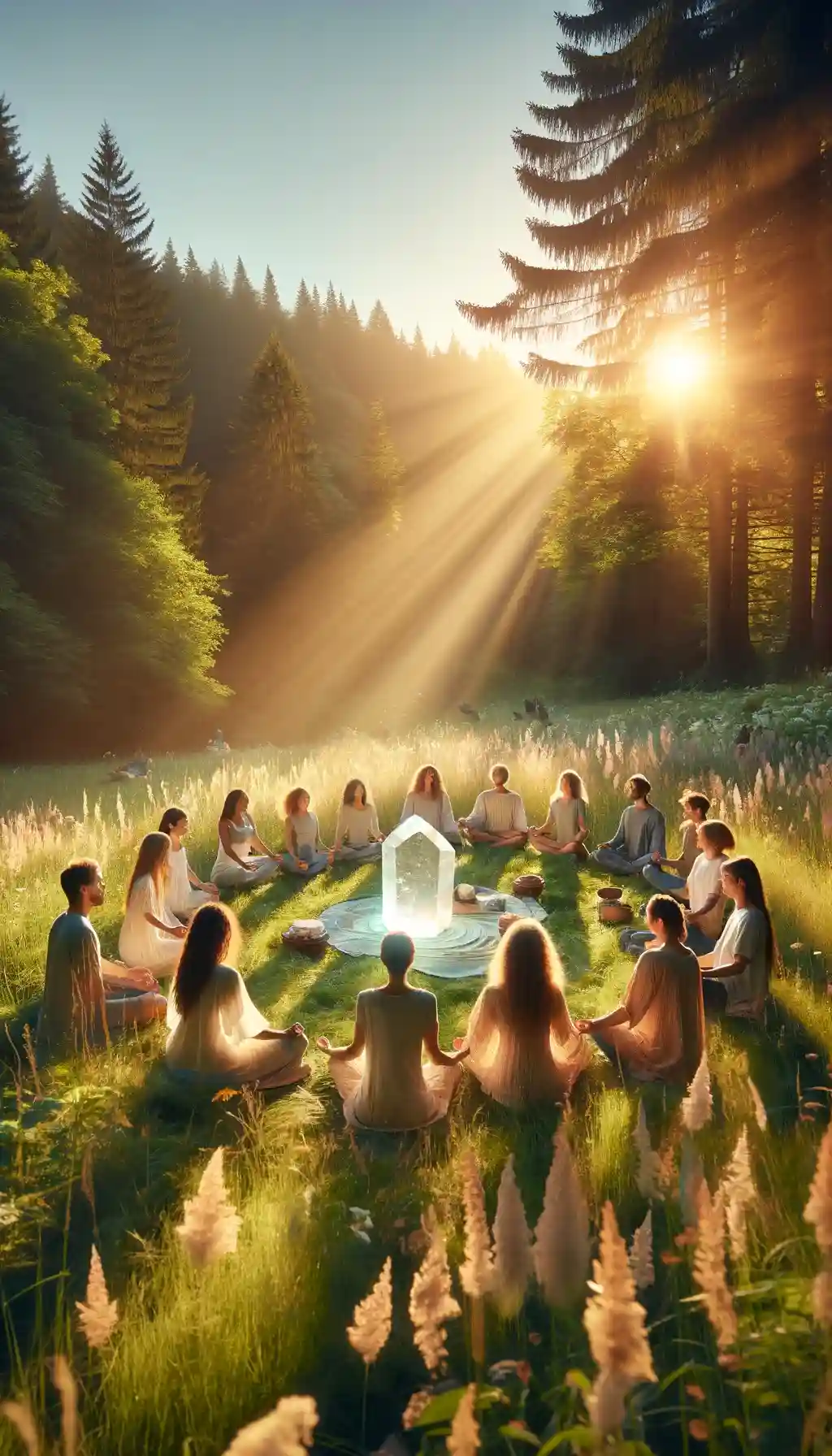 A group of people participating in a healing circle in a natural setting with a large crystal at the center.
