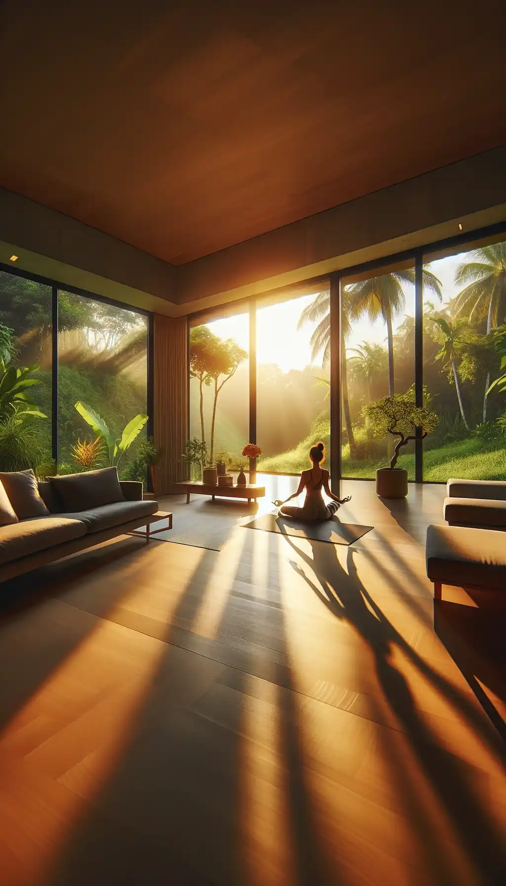 A woman practicing yoga in a serene, sunlit room with greenery outside the window.
