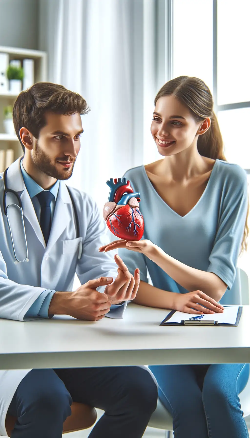 A doctor explaining heart health to a patient using a heart model in a clinical setting