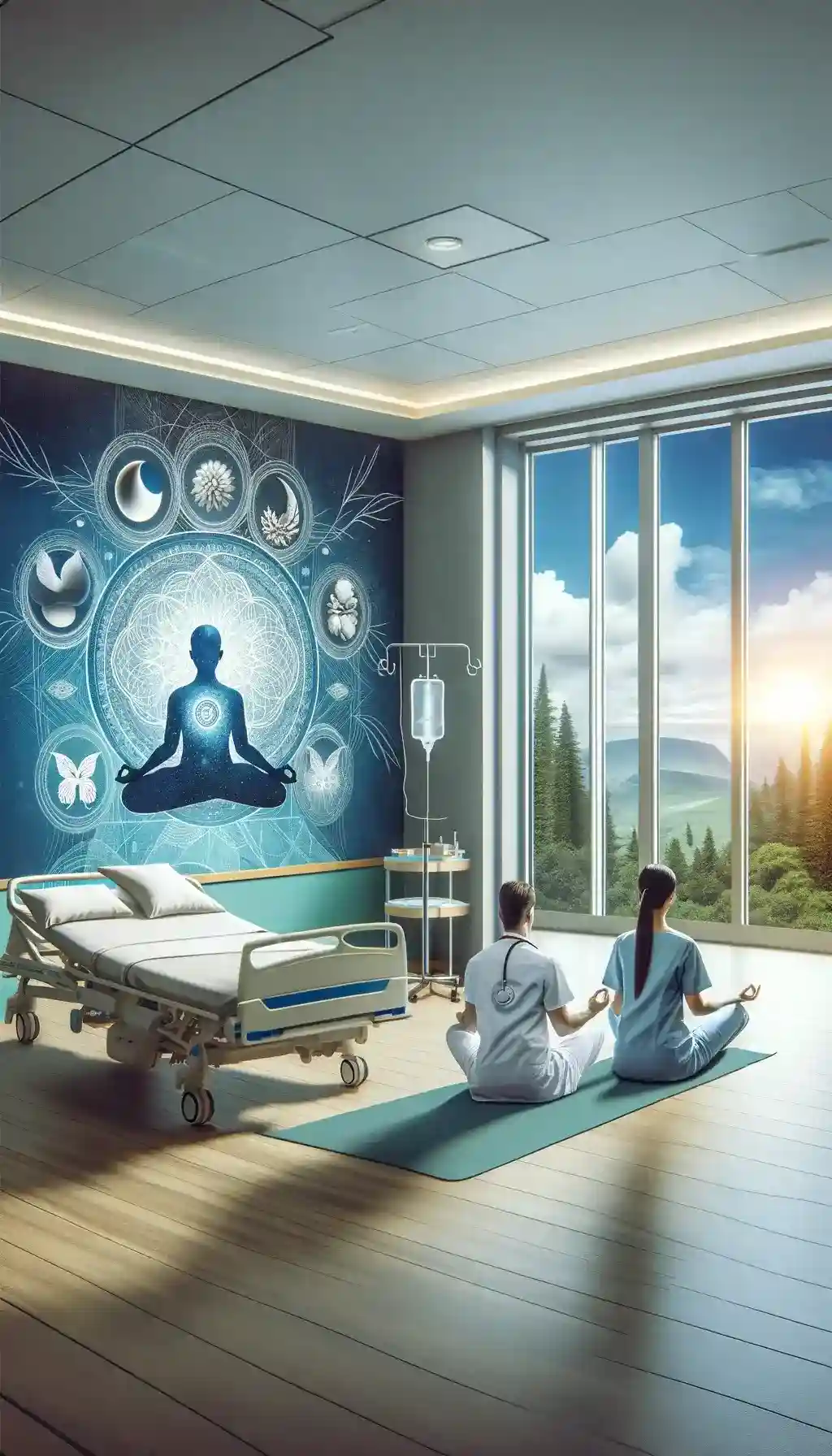 Healthcare professionals in meditation overlooking a serene landscape.
