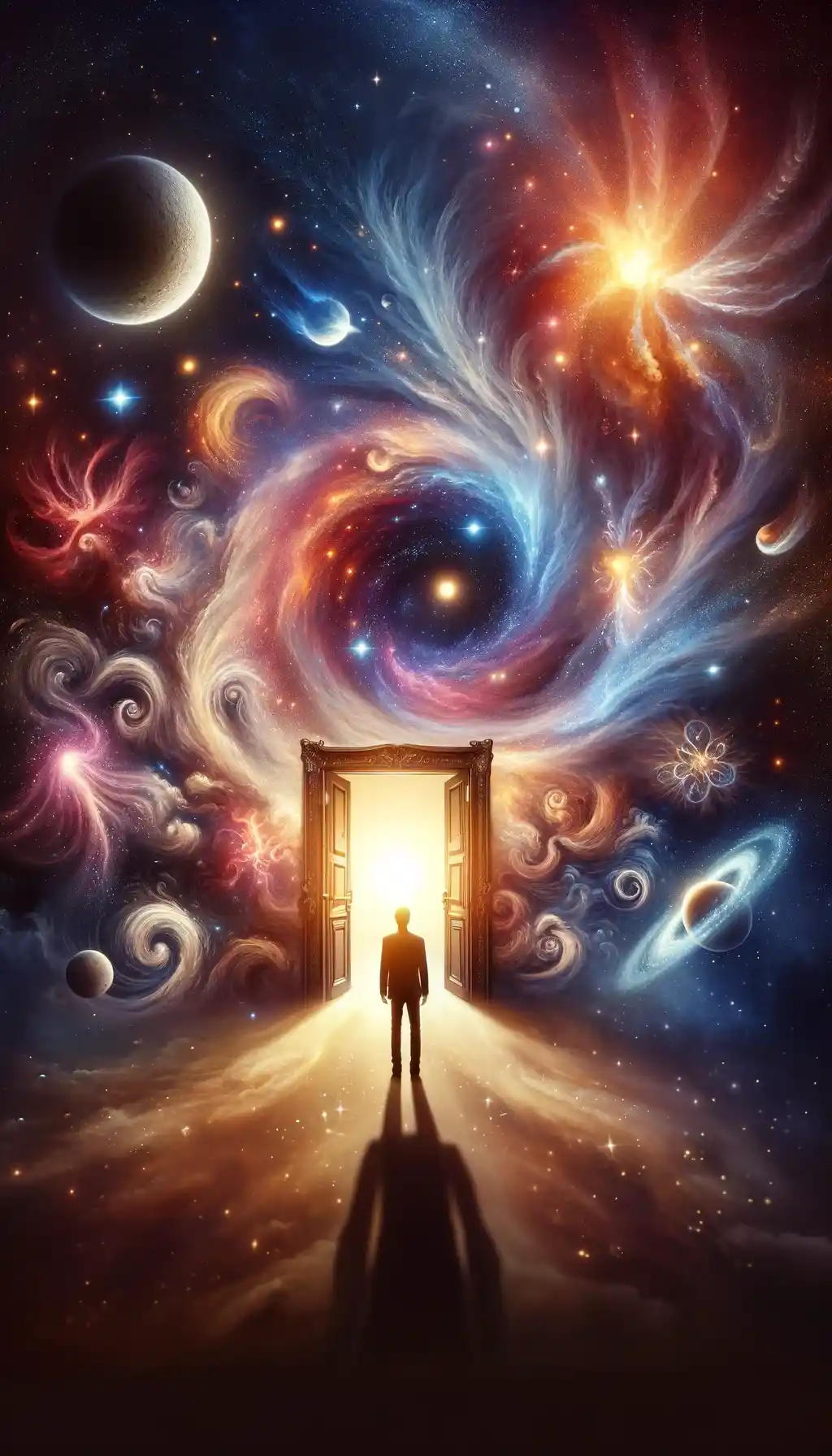 A person stands before a mystical door amidst swirling galaxies.