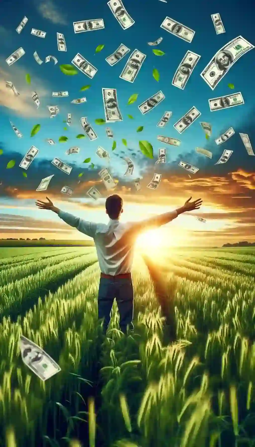 Man with arms spread in a field of money