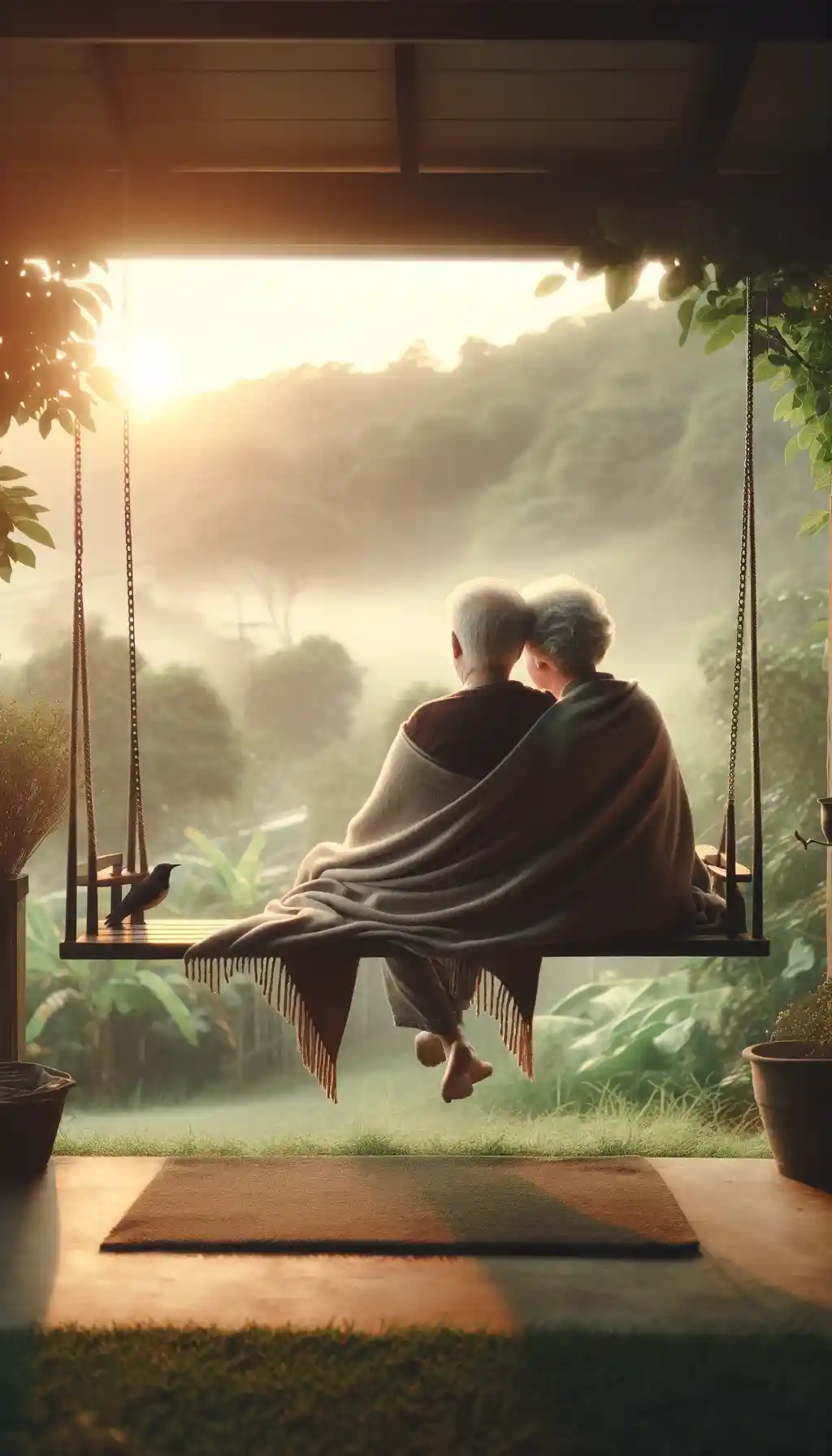 Elderly couple on a porch swing at sunrise