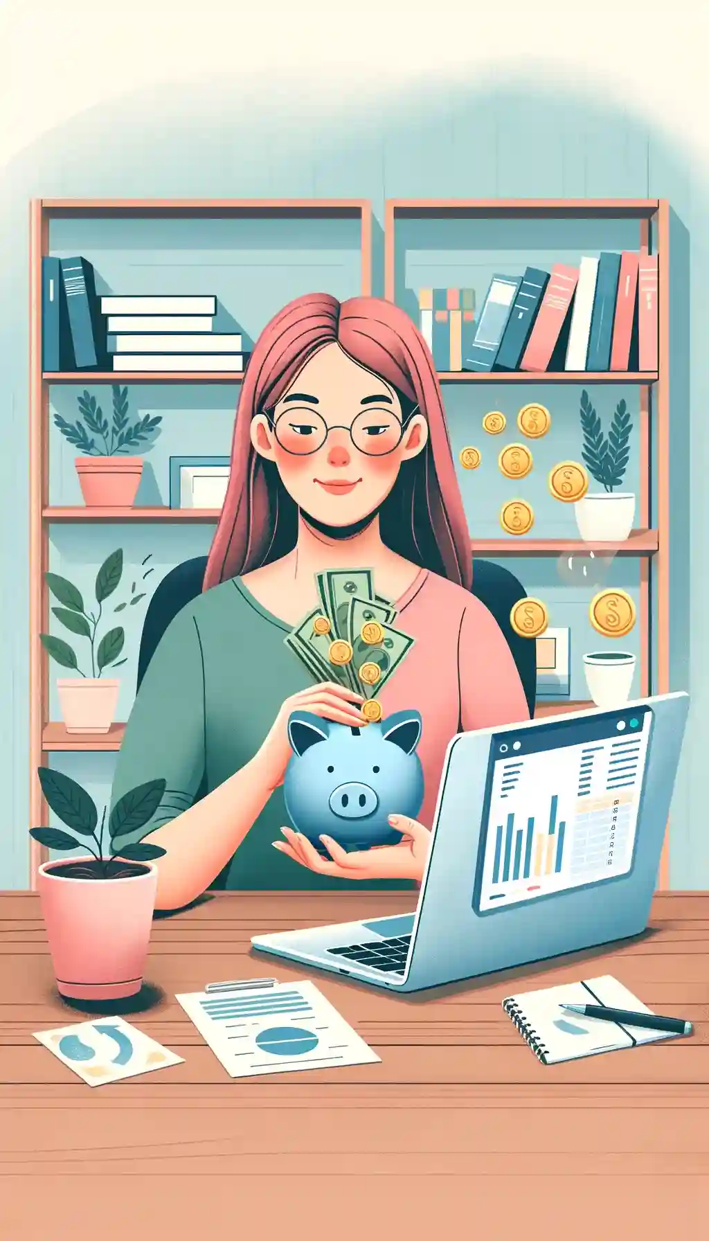 Woman with piggy bank and financial charts