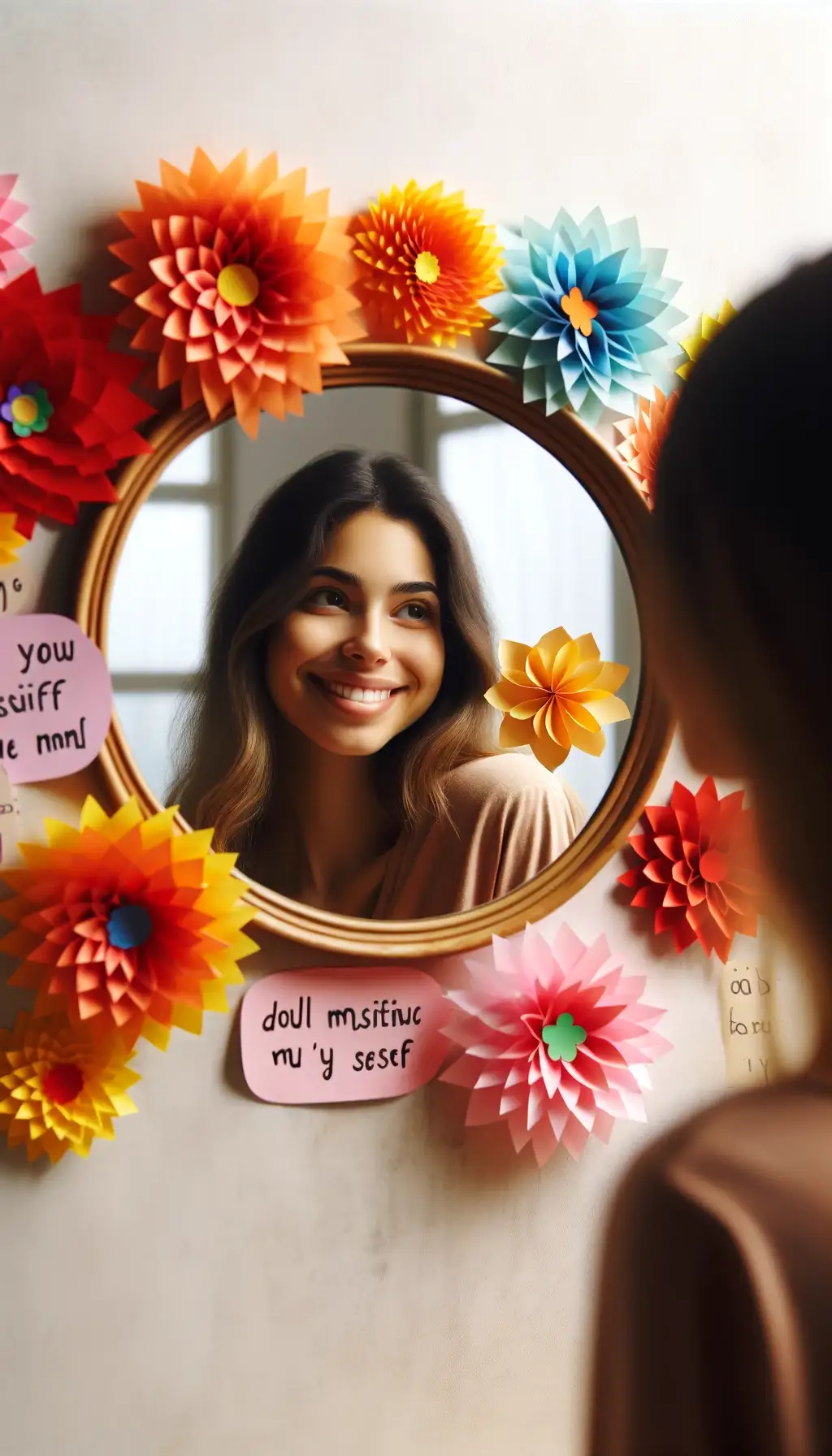  A smiling woman reflected in a mirror decorated with positive affirmations in colorful writing.