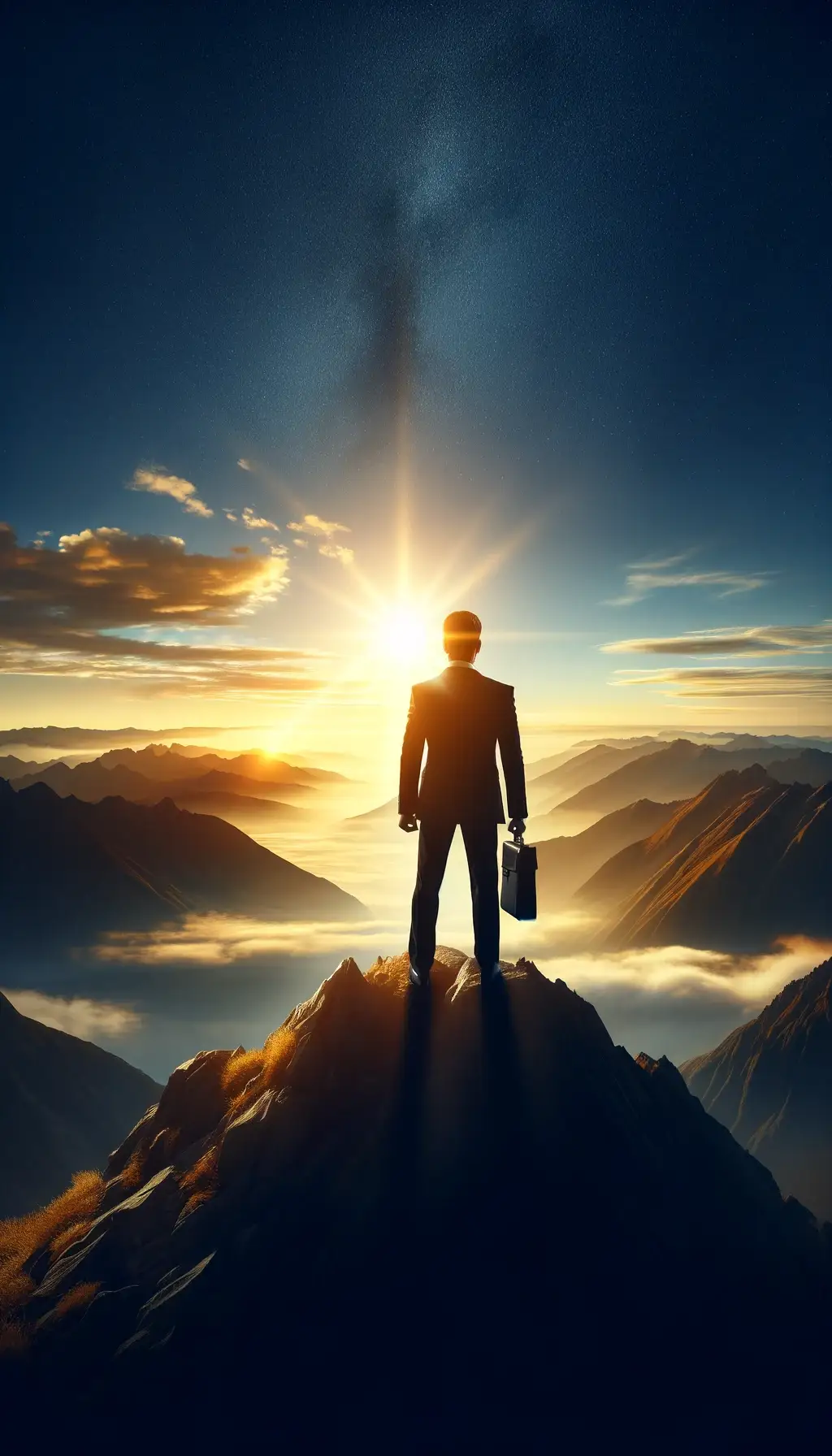 A man stands on the peak of a mountain at sunrise, overlooking a vast landscape, symbolizing achievement and self-realization.