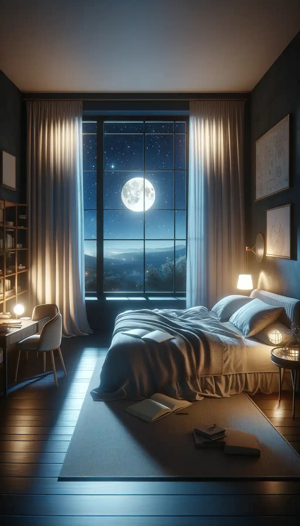 A peaceful bedroom scene at night with a view of the stars.