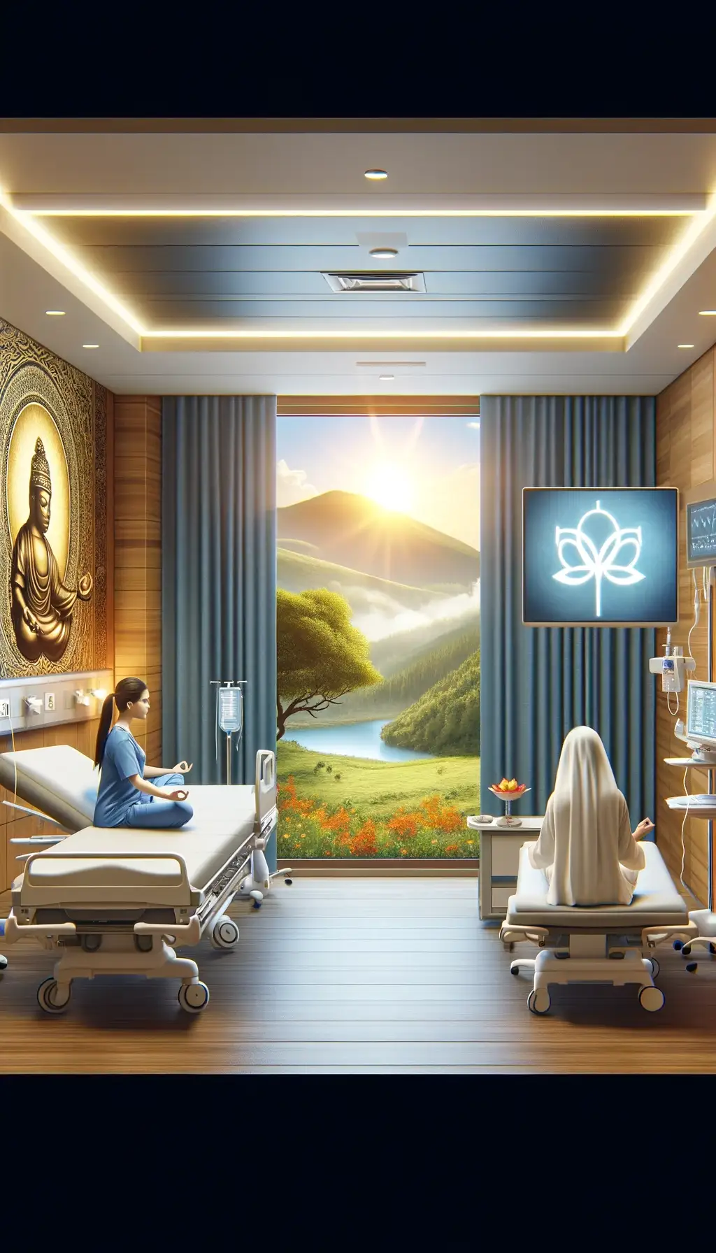 A patient in a hospital room experiencing a visualization of healing and spiritual energy