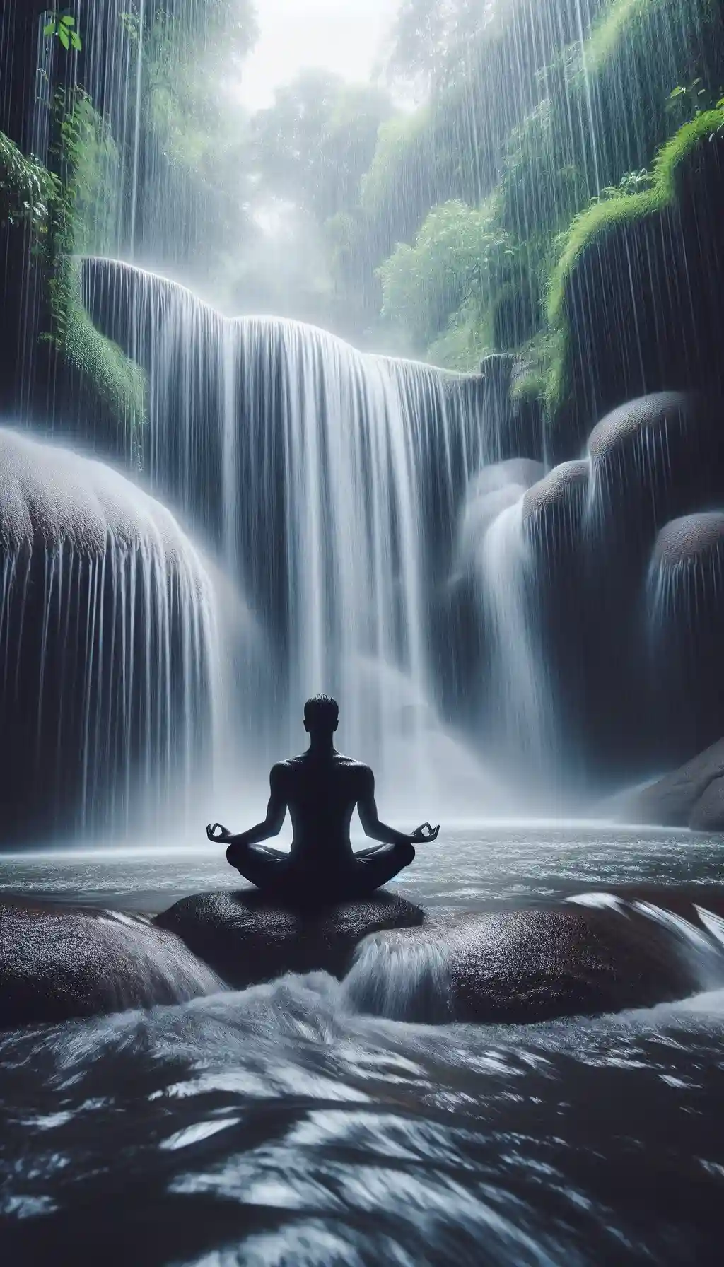 A solitary figure meditating under a waterfall, untouched by the water, in a state of zen.
