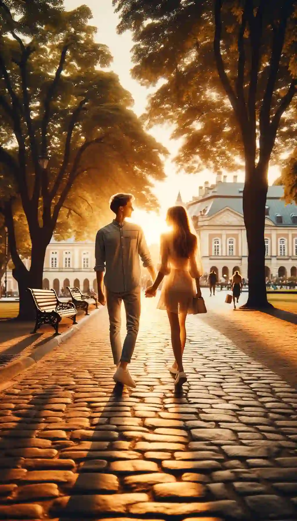 Couple walking hand in hand at sunset