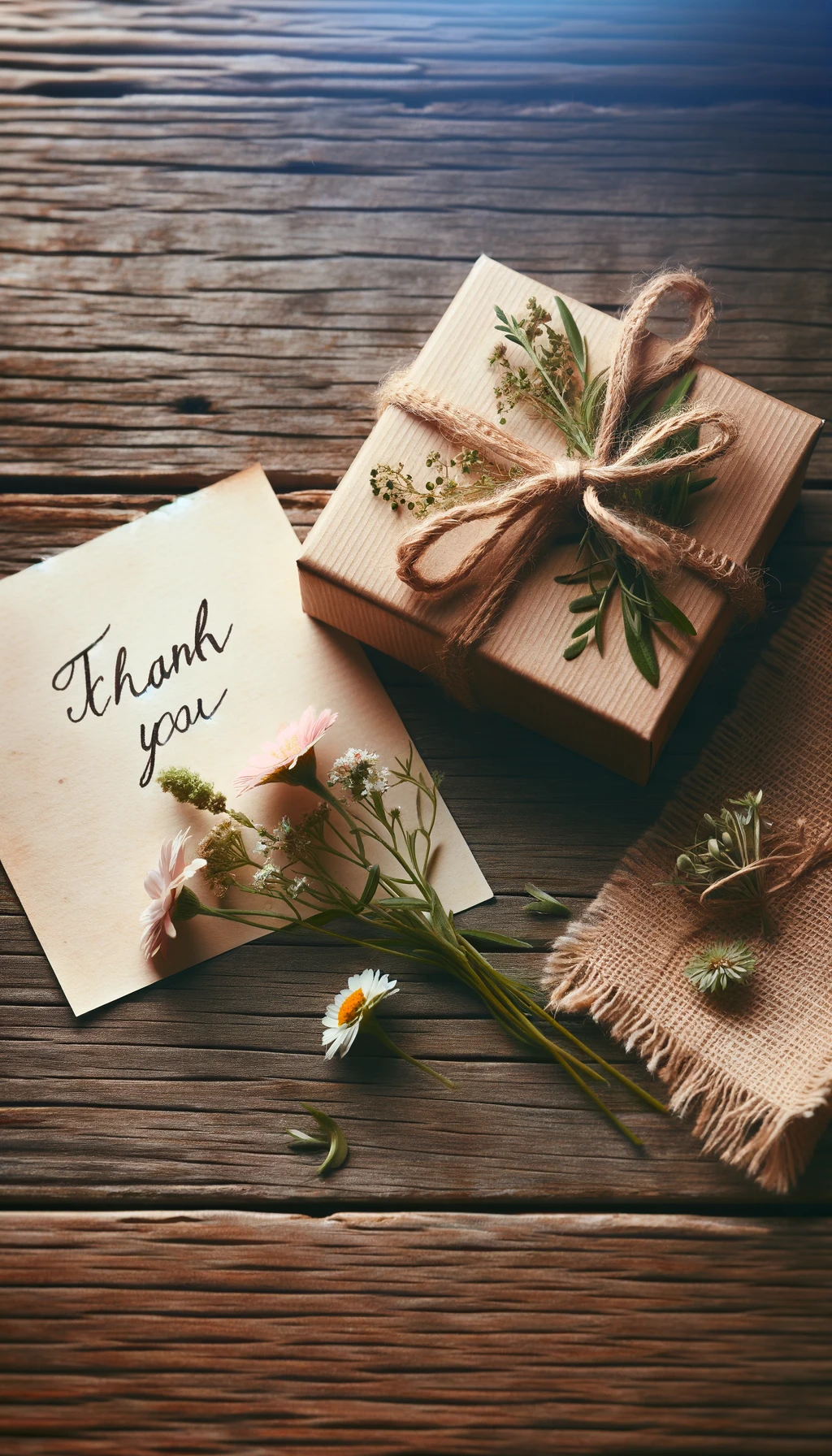 Thank you note with a gift and flowers on a wooden background.