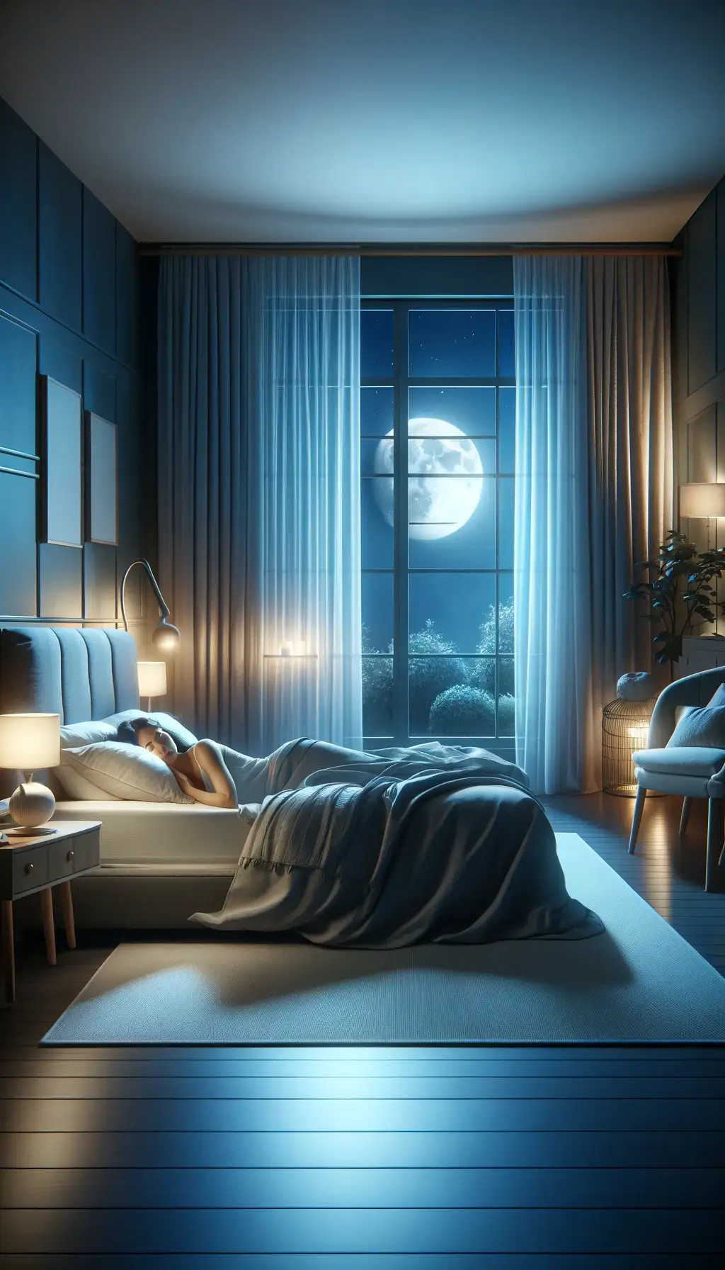 an image of a woman asleep in bed with the moon illuminating the room