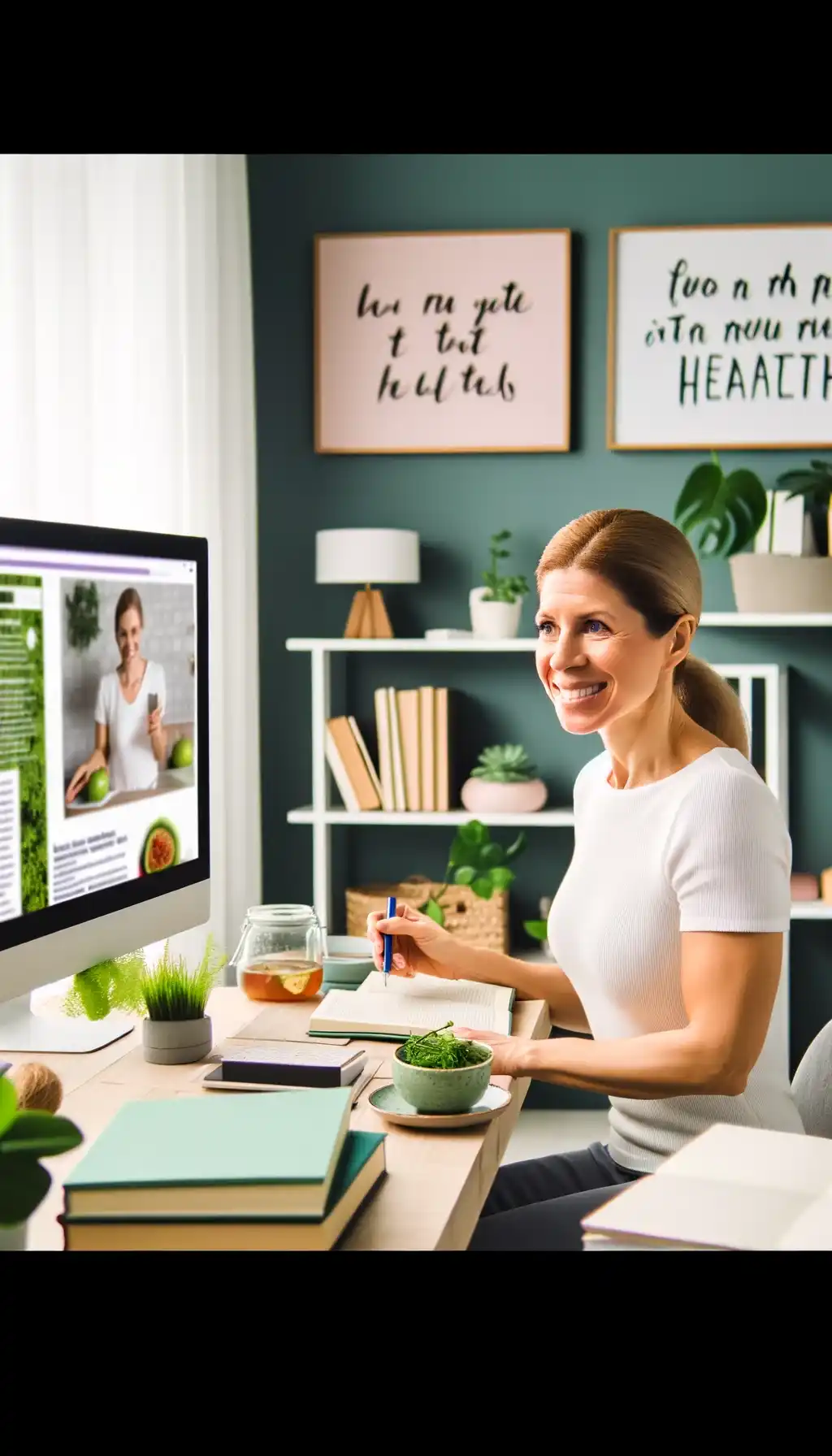 A woman smiling at her desk with healthy snacks and wellness decor in a cozy home office.